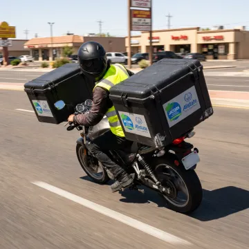 Motorcycle courier riding with delivery box