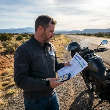 Motorcycle rider reviewing insurance after breakdown
