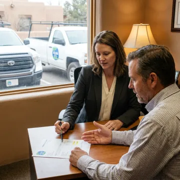 Agent reviewing commercial auto quote with business owner