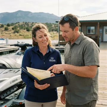 Insurance agent reviewing jet ski coverage with customer