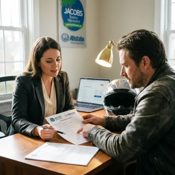 Insurance agent reviewing motorcycle quote details with a rider