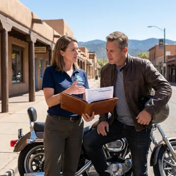 Insurance agent reviewing motorcycle coverage with rider