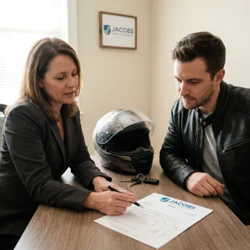 Insurance agent reviewing sport bike policy options