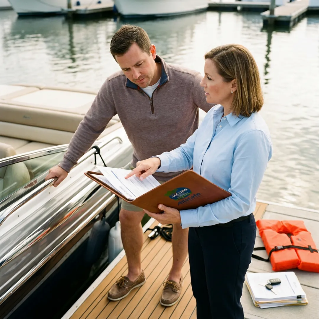 Performance boat at marina with insurance documents