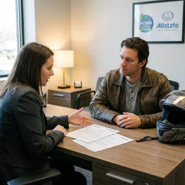 Advisor reviewing motorcycle insurance options with rider