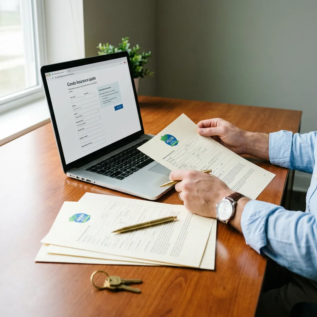 Insurance agent reviewing condo policy documents online