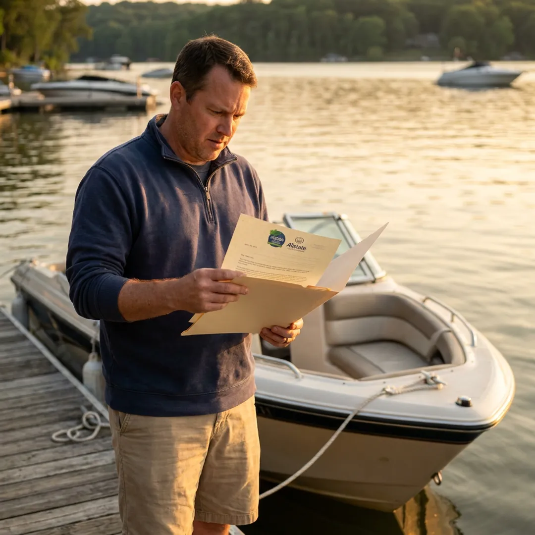 Boat owner reviewing insurance coverage near a marina