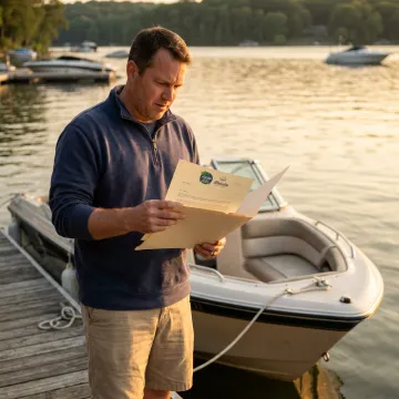 Boat owner reviewing insurance coverage near a marina