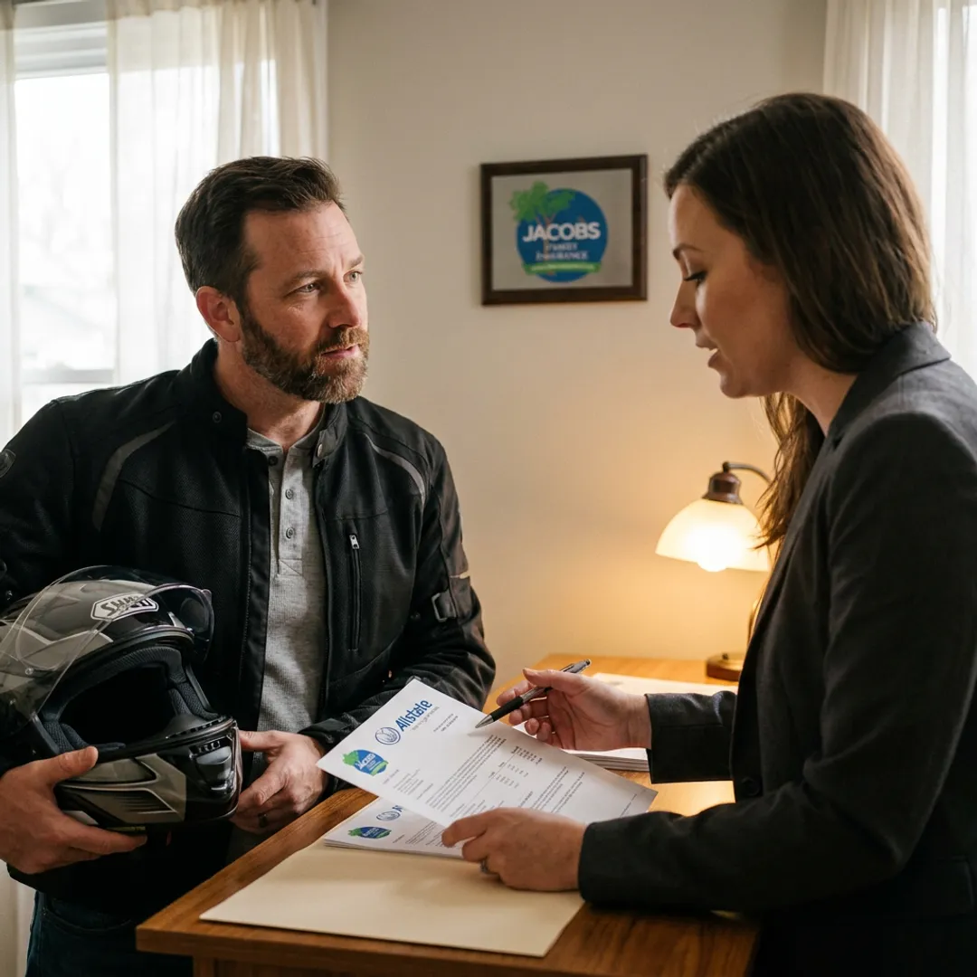 Motorcycle rider discussing insurance quote