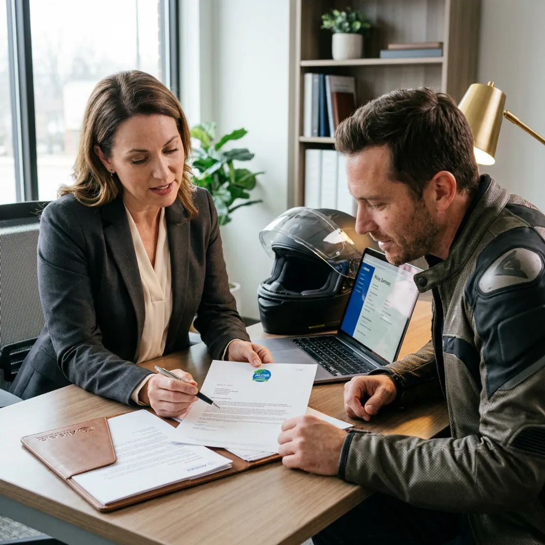 Motorcycle rider reviewing insurance documents