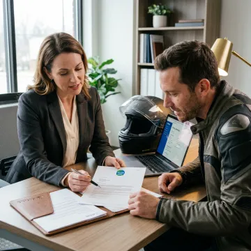Motorcycle rider reviewing insurance documents