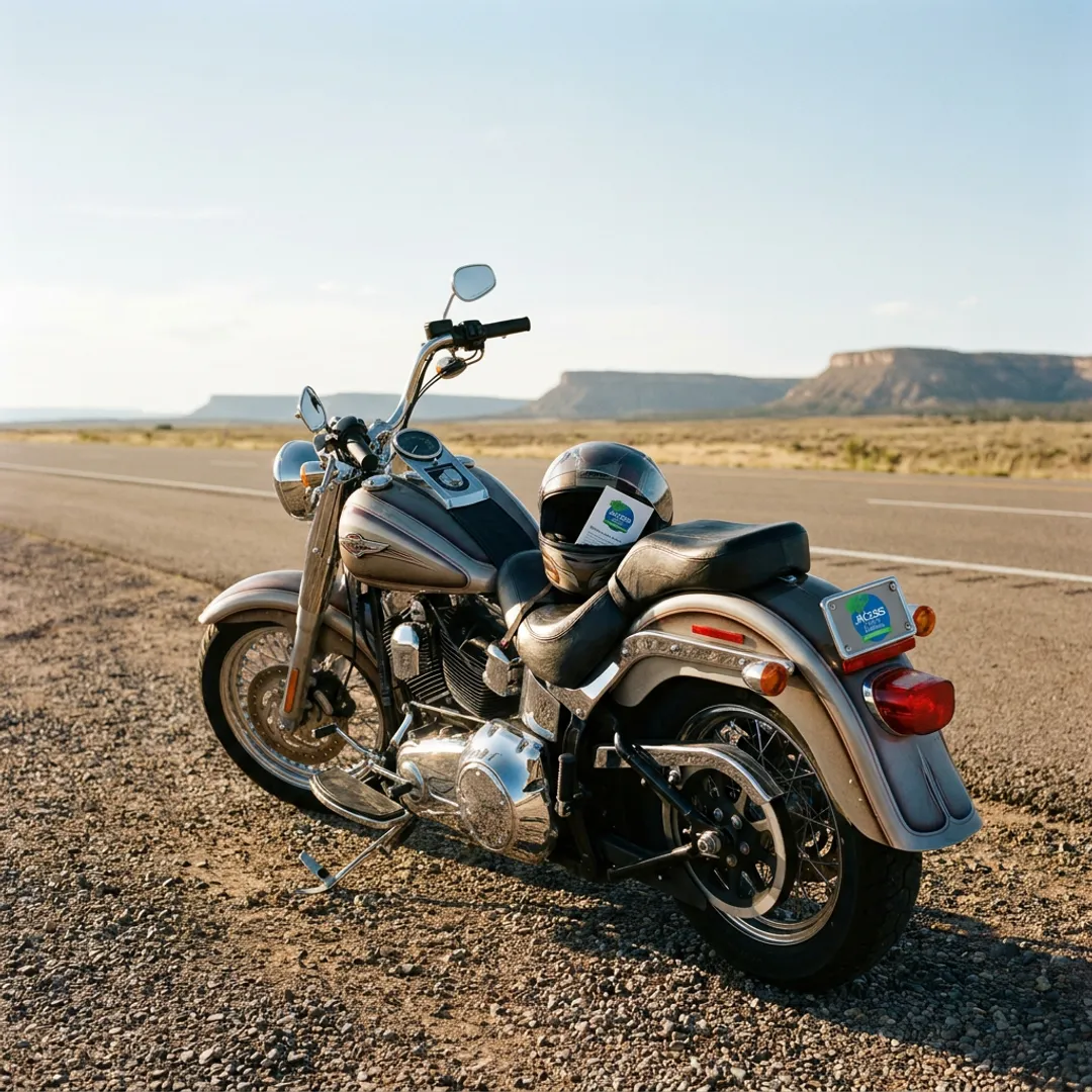 Custom motorcycle parked on an open road