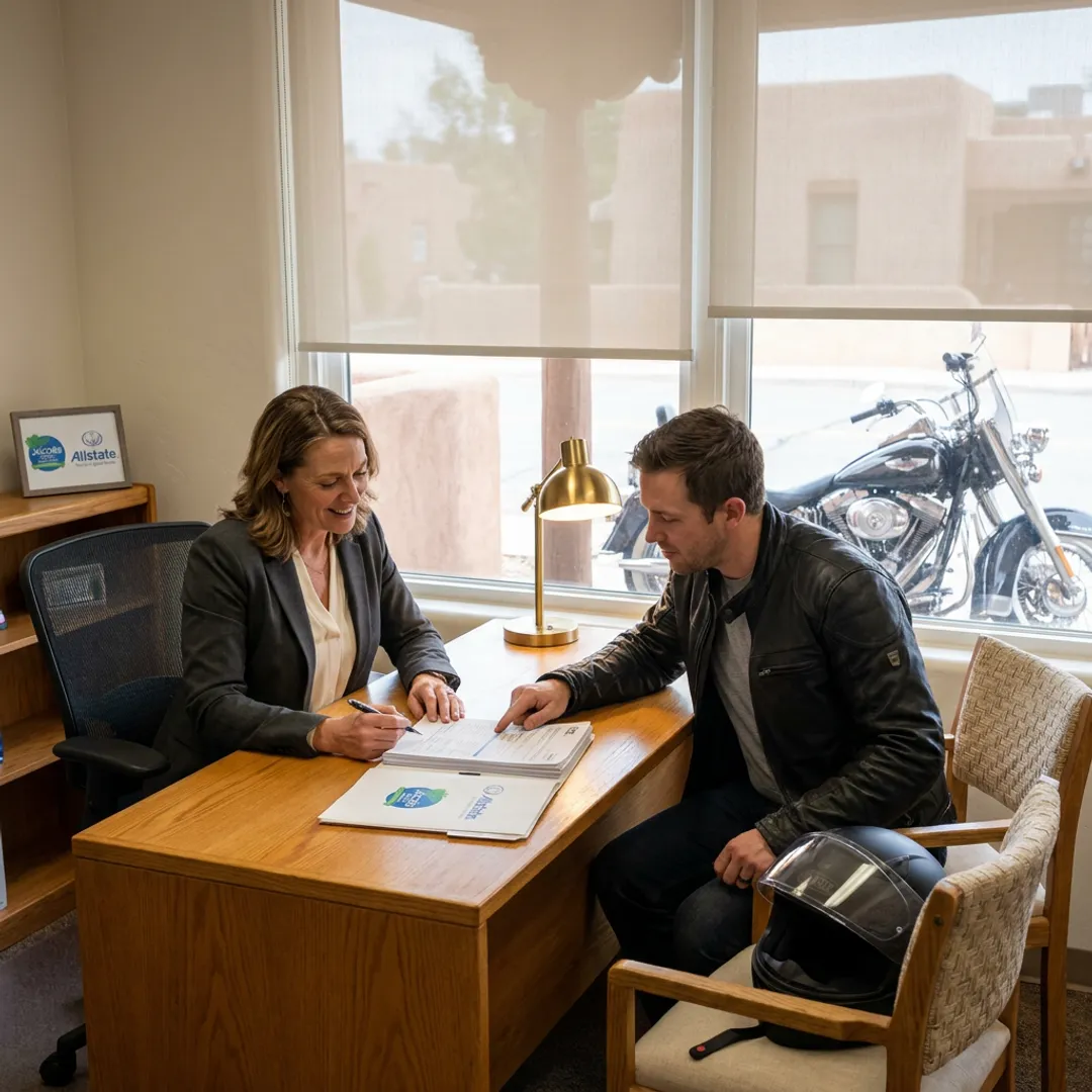 Insurance agent reviewing motorcycle coverage with a rider