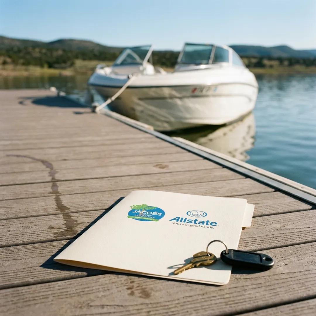 Boat on calm water with insurance documents