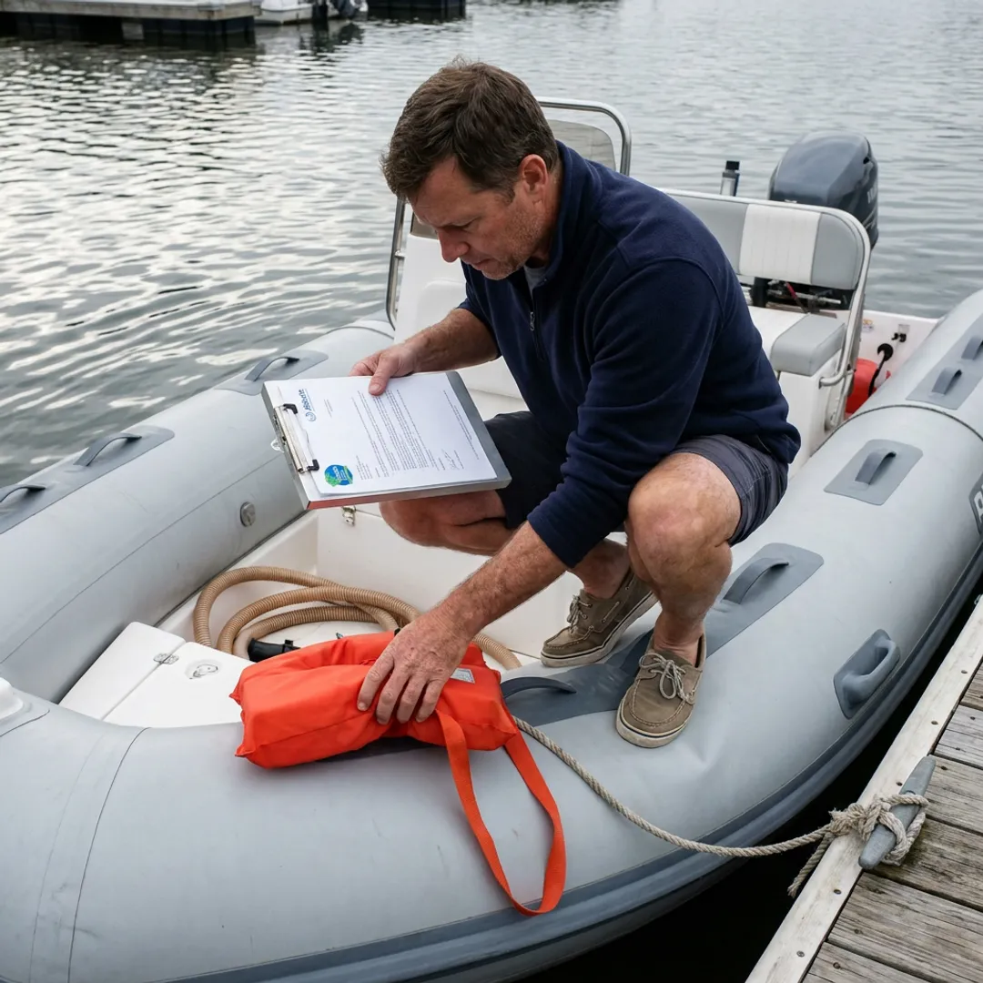 Inflatable boat secured near a lakeside dock