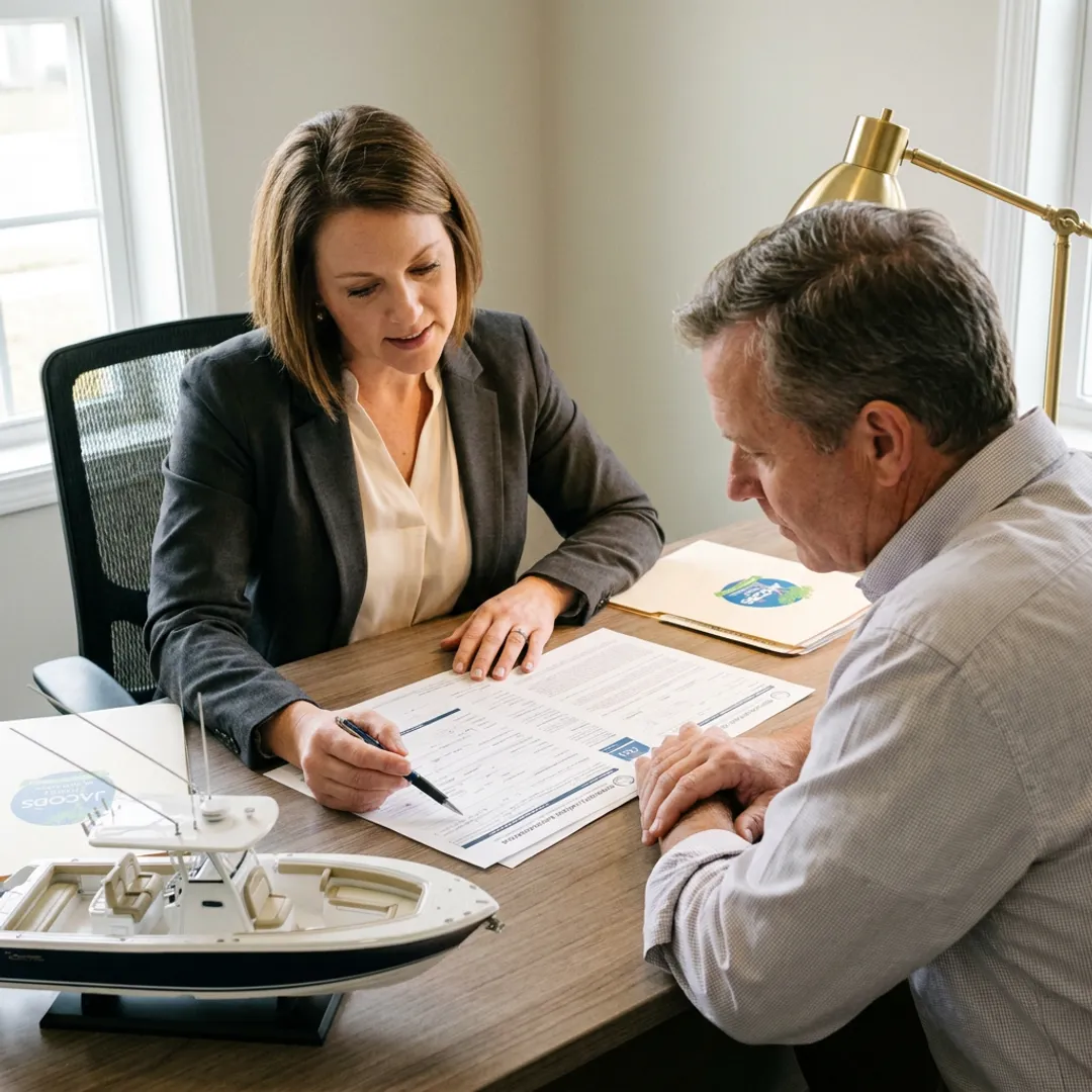 Insurance agent reviewing boat rental coverage with a customer