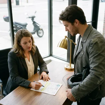 Insurance agent reviewing scooter policy with rider