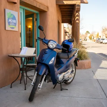 Modern moped parked outside an insurance office