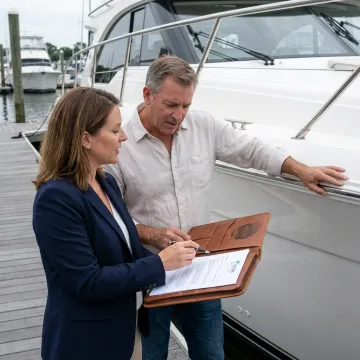 Insurance agent reviewing yacht coverage with owner