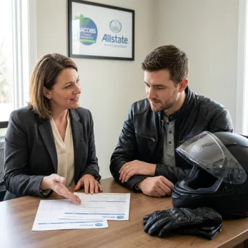 Insurance agent discussing motorcycle coverage with a rider