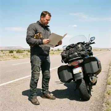 Motorcyclist reviewing insurance options beside a touring bike