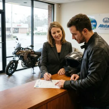 Agent reviewing motorcycle insurance options with rider