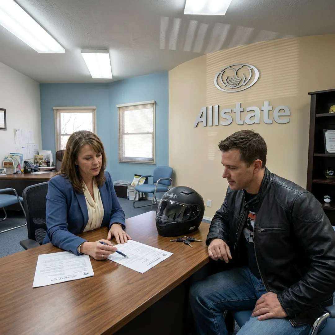 Agent reviewing motorcycle insurance with rider