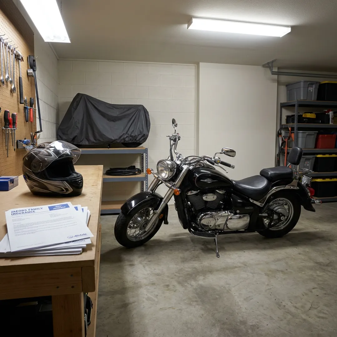Motorcycle stored indoors with insurance protection