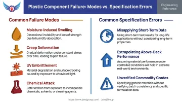 Marine plastic selection failure modes and common specification errors side-by-side comparison infographic