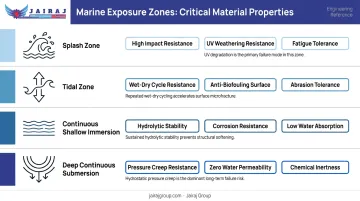 Marine submersion zone matrix mapping four exposure zones to critical plastic performance properties
