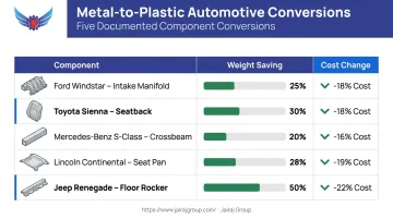 Metal to plastic automotive conversion outcomes weight and cost savings comparison table