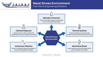 Five simultaneous naval vessel stress modes compound environmental challenge infographic