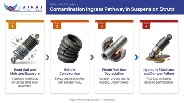 Suspension strut corrosion damage pathway from road salt moisture to seal failure