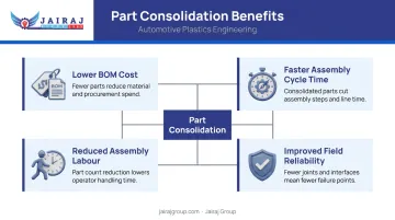 Part consolidation four simultaneous benefits infographic for automotive plastic assemblies