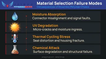Four automotive sensor housing failure modes from wrong material selection infographic