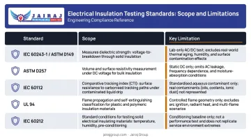Electrical insulation testing standards comparison table scope and key limitations