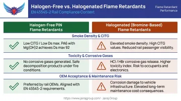Halogen-free versus halogenated flame retardant comparison smoke density toxicity rail compliance performance