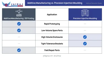 Additive manufacturing versus injection moulding defence application comparison table infographic