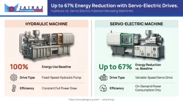 Servo-electric versus hydraulic injection moulding machine energy consumption comparison infographic