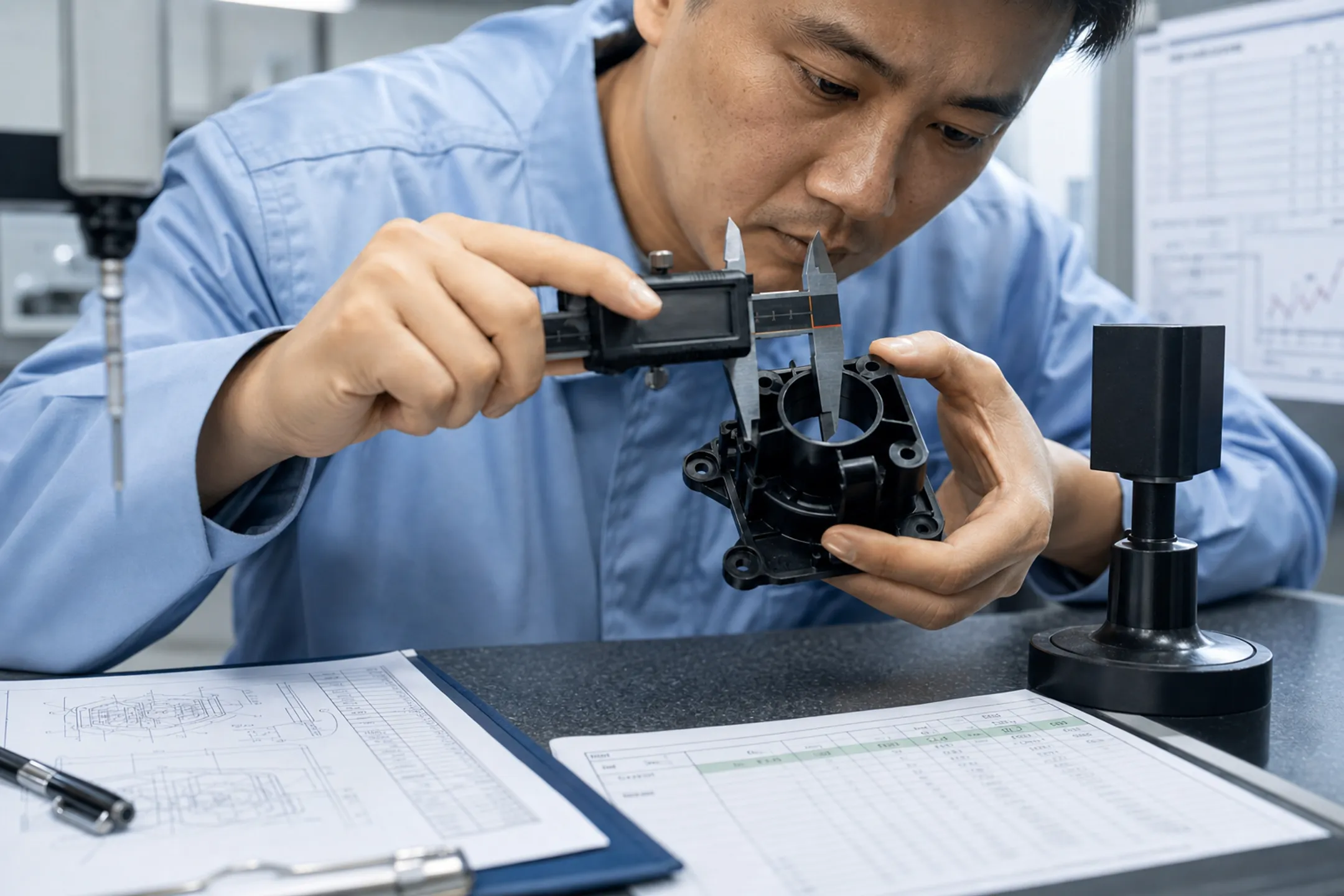 Quality inspector measuring molded plastic part with precision calipers