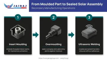 Three-step secondary manufacturing process for weatherproof solar plastic assembly infographic