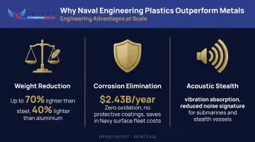 Three key benefits of naval engineering plastics weight corrosion acoustics comparison infographic
