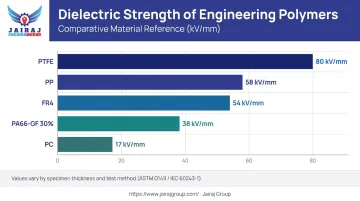 Dielectric strength comparison chart of five insulating plastics kV/mm values