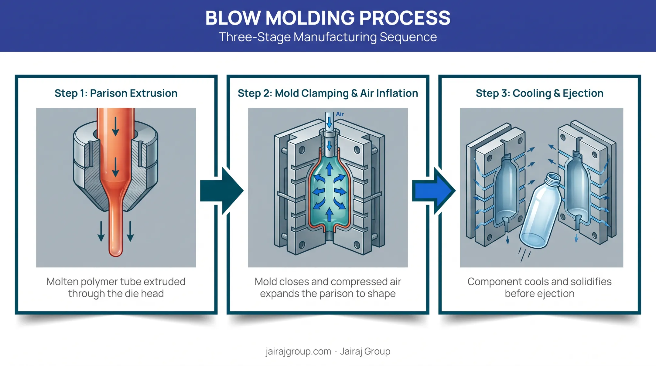 Blow molding parison inflation process forming hollow plastic parts