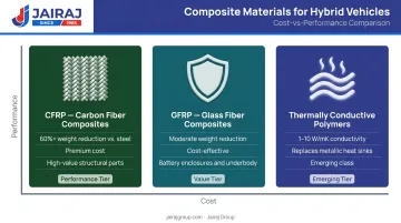Three advanced composite material types for hybrid vehicles cost performance tier chart