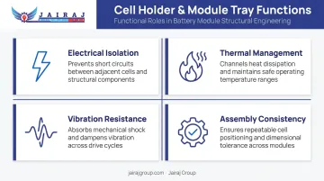 Four functional roles of cell holders and module trays in EV battery packs