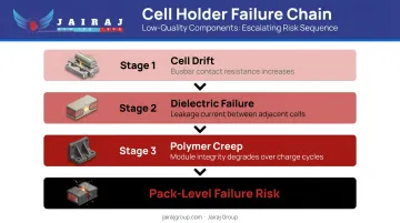 Three-stage cell holder failure sequence from cell drift to thermal runaway risk