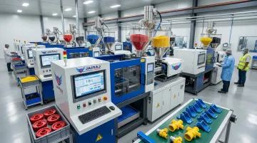 PLC-controlled injection molding production floor processing high-performance specialty polymer components