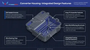 Five integrated design features in EV converter injection molded housing components