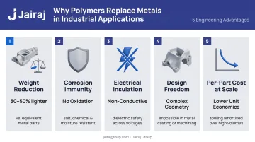 Five key advantages of industrial polymer components over metal parts infographic